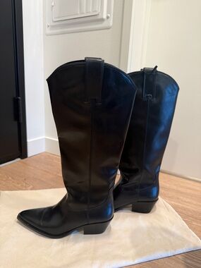 Zara Black Leather Knee-High Western Boots